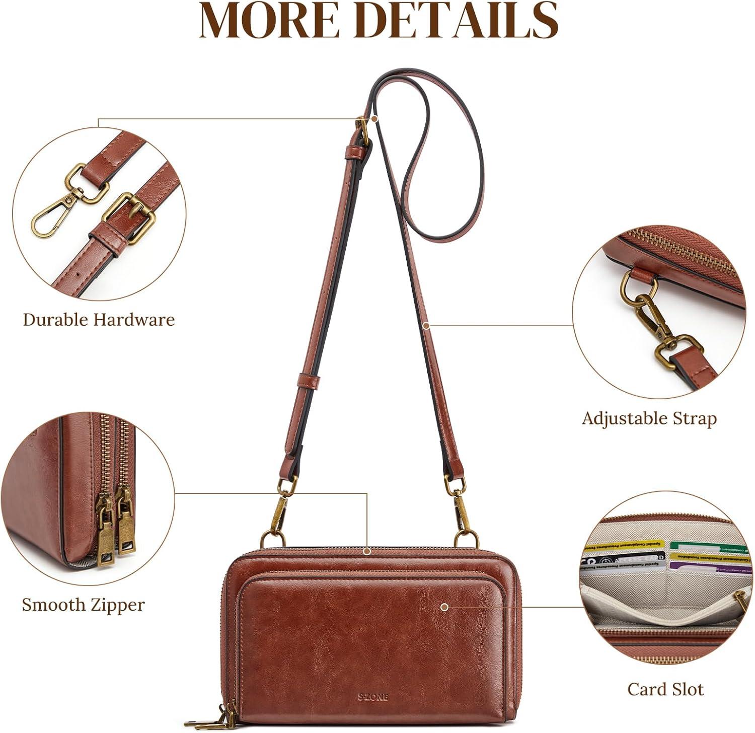 imageSZONE Crossbody Bags for Women RFID Wristlet Wallets Vegan Leather Purses Multi Compartment Zipper Card slotsDark Brown