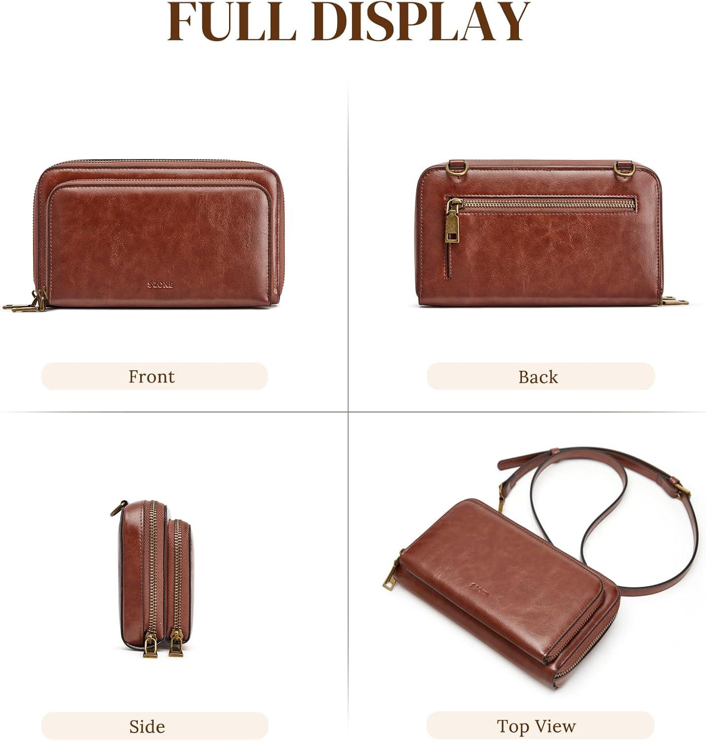 imageSZONE Crossbody Bags for Women RFID Wristlet Wallets Vegan Leather Purses Multi Compartment Zipper Card slotsDark Brown