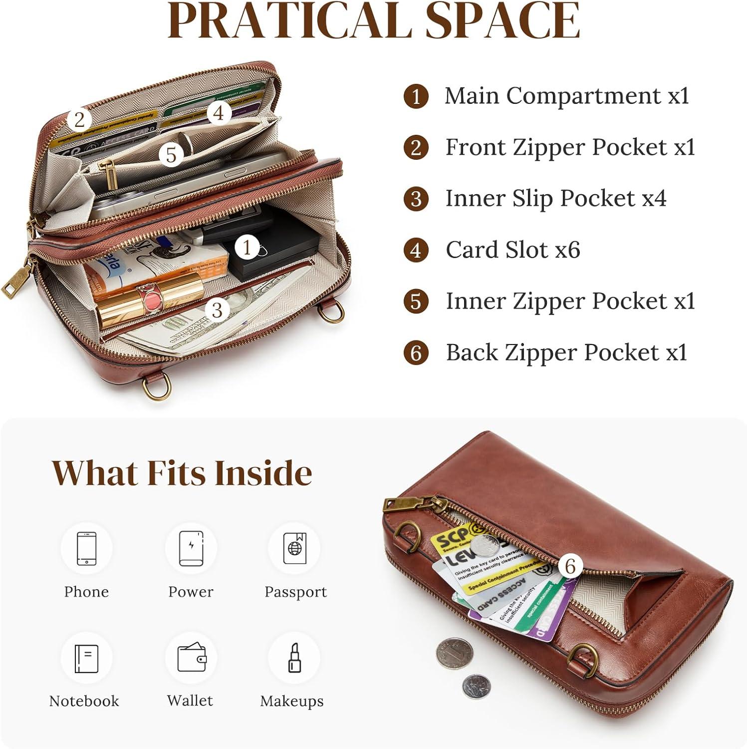 imageSZONE Crossbody Bags for Women RFID Wristlet Wallets Vegan Leather Purses Multi Compartment Zipper Card slotsDark Brown