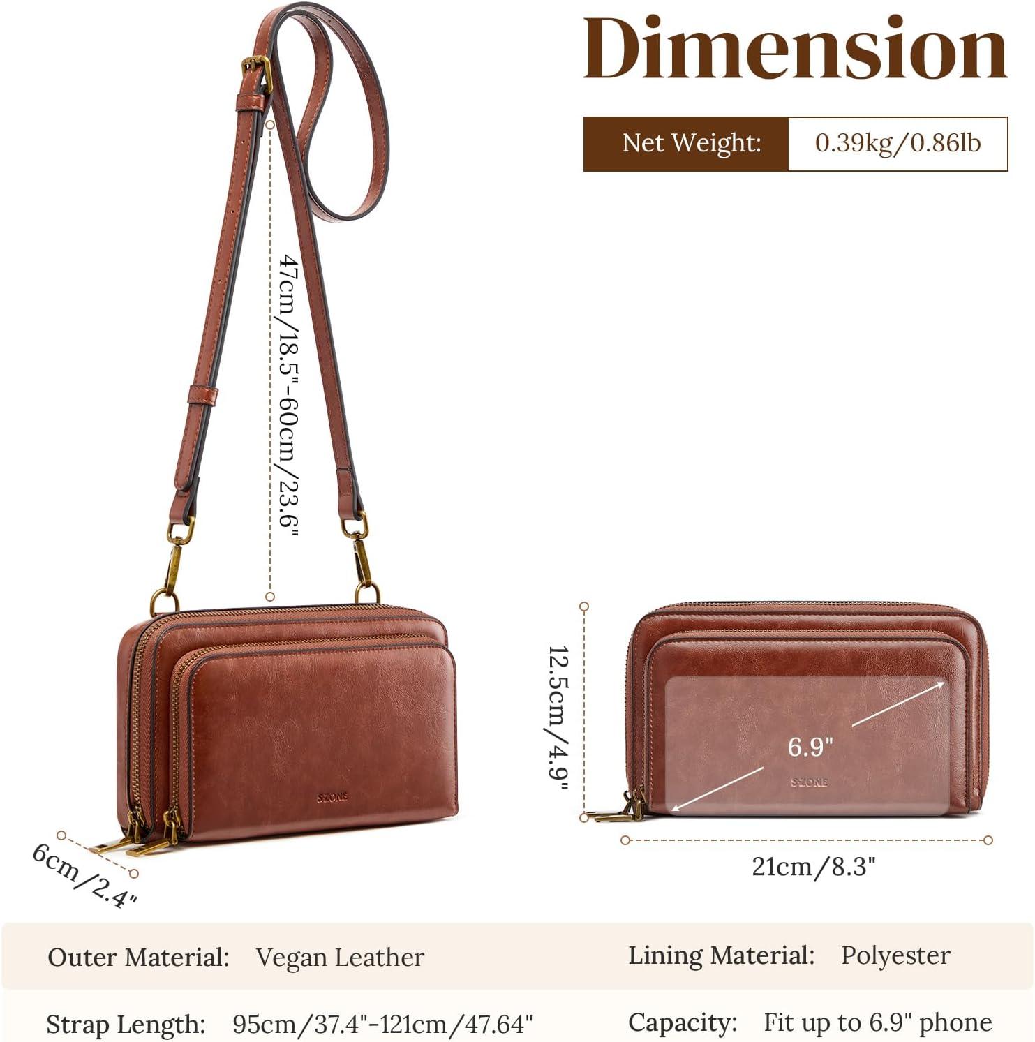 imageSZONE Crossbody Bags for Women RFID Wristlet Wallets Vegan Leather Purses Multi Compartment Zipper Card slotsDark Brown