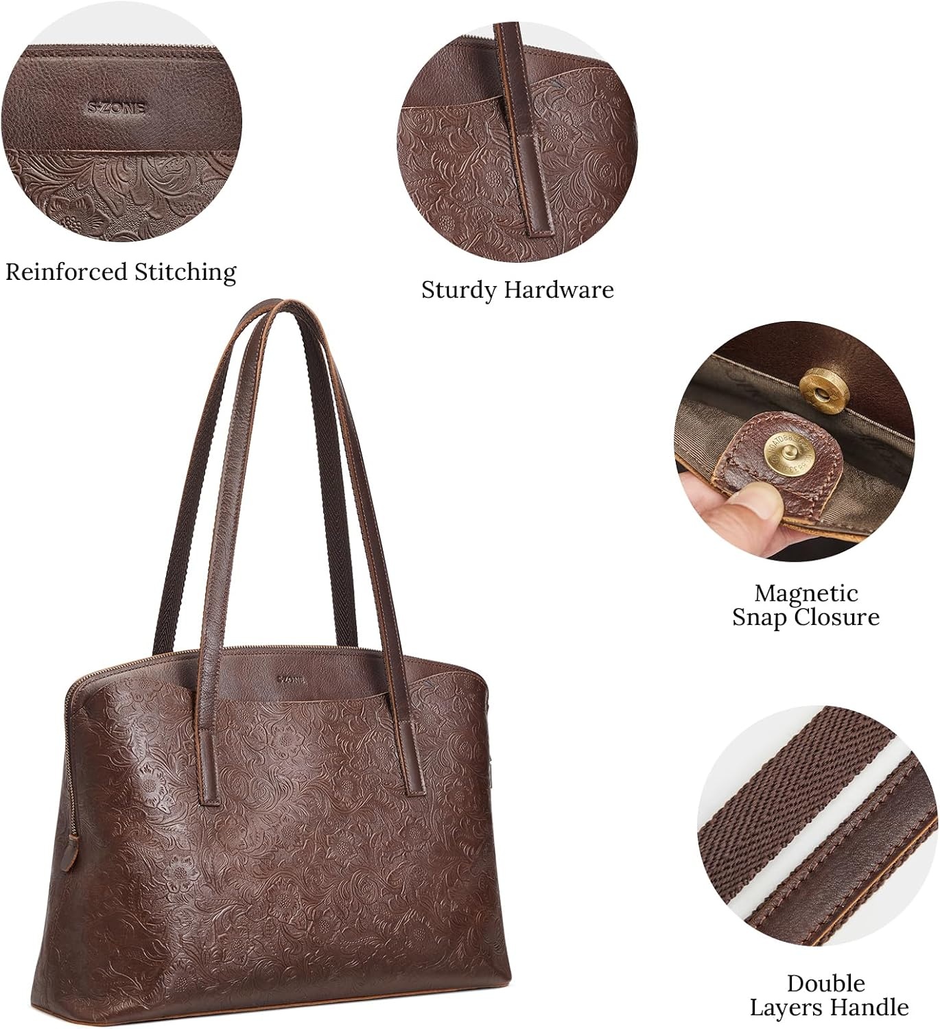image:imageSZONE Leather Tote Bag for Women Large Capacity Work Shoulder Handbags PursesRose Pattern Dark Brown