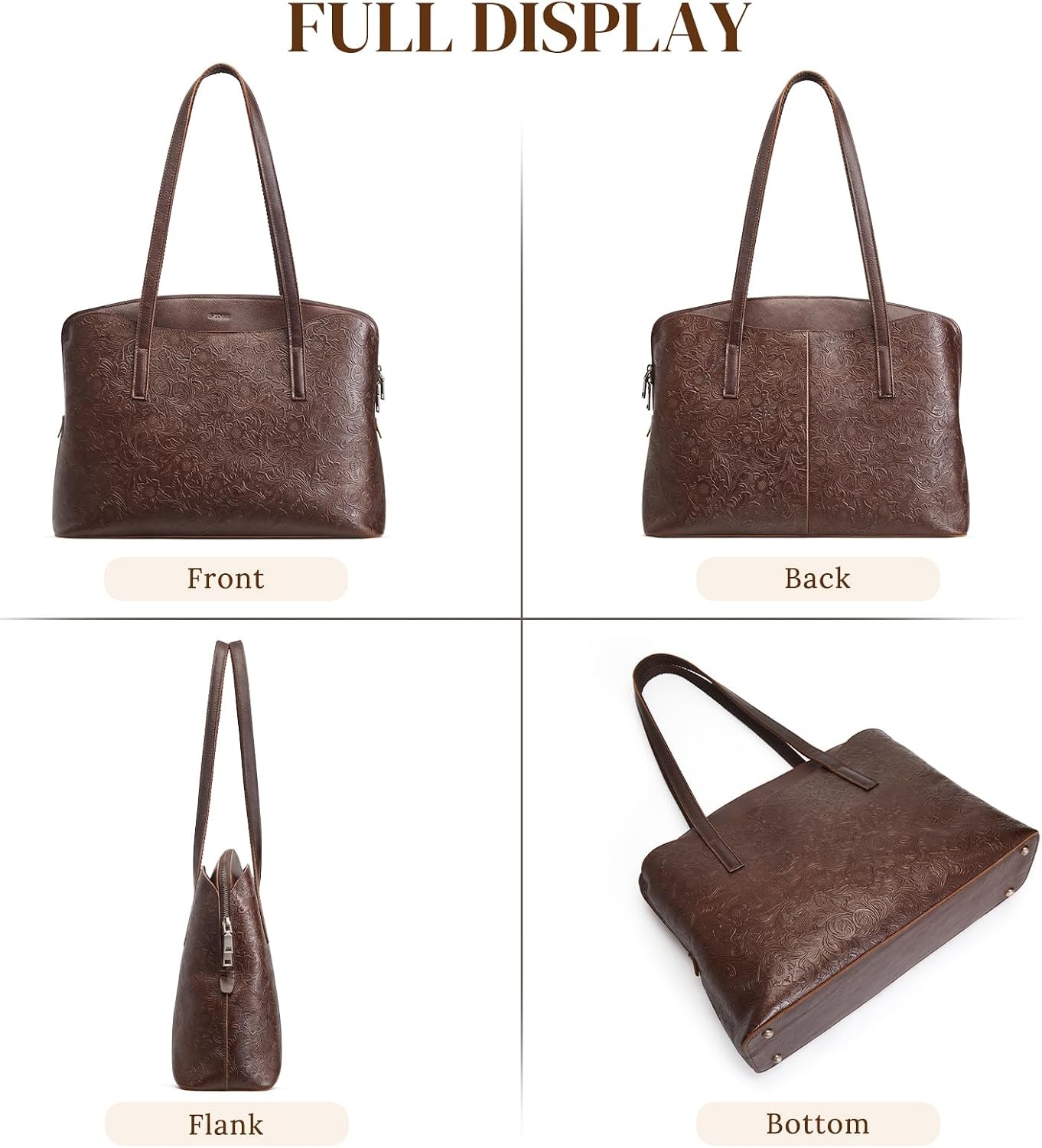 image:imageSZONE Leather Tote Bag for Women Large Capacity Work Shoulder Handbags PursesRose Pattern Dark Brown