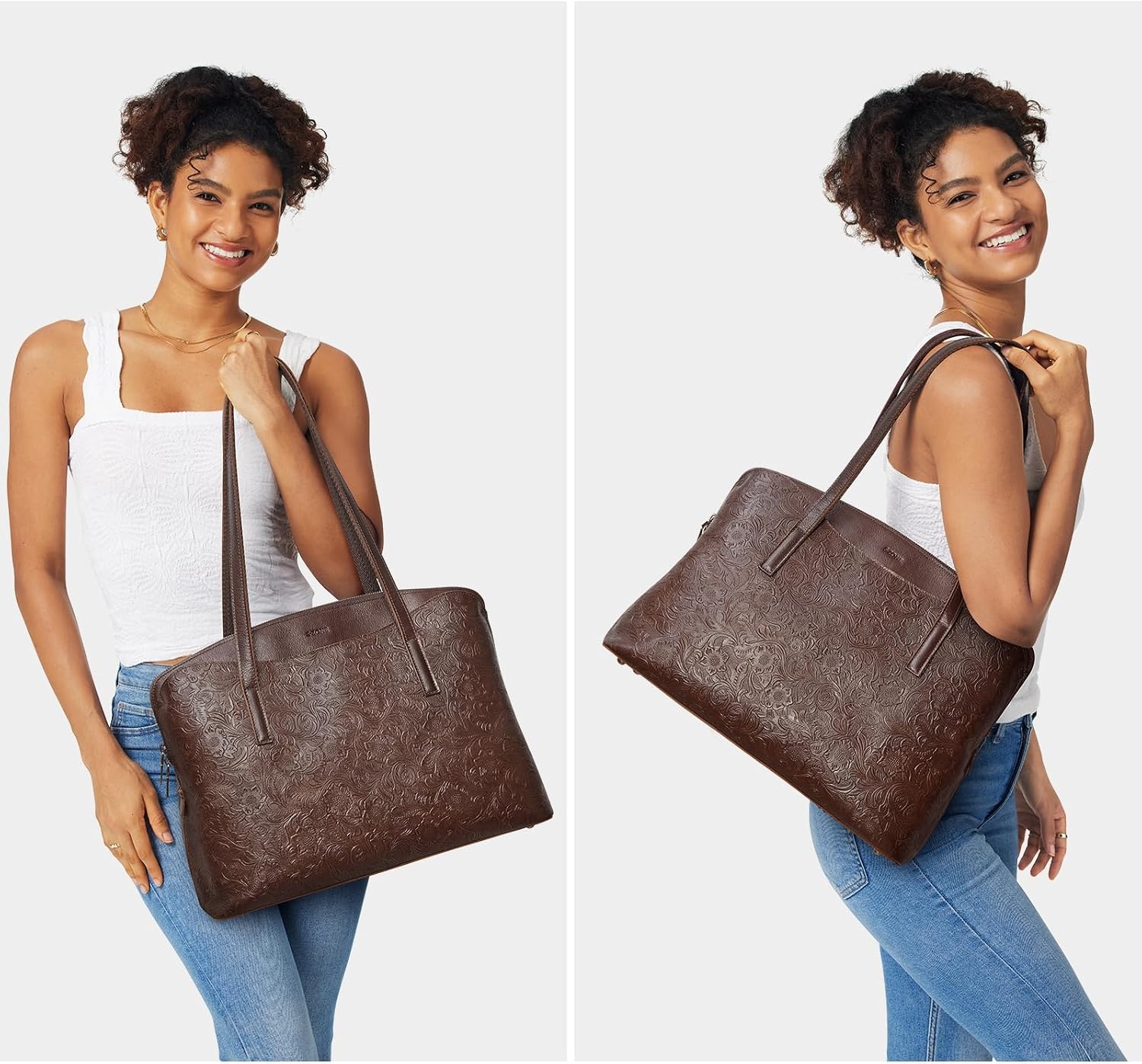 image:imageSZONE Leather Tote Bag for Women Large Capacity Work Shoulder Handbags PursesRose Pattern Dark Brown