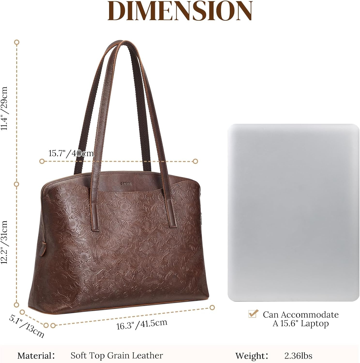 image:imageSZONE Leather Tote Bag for Women Large Capacity Work Shoulder Handbags PursesRose Pattern Dark Brown