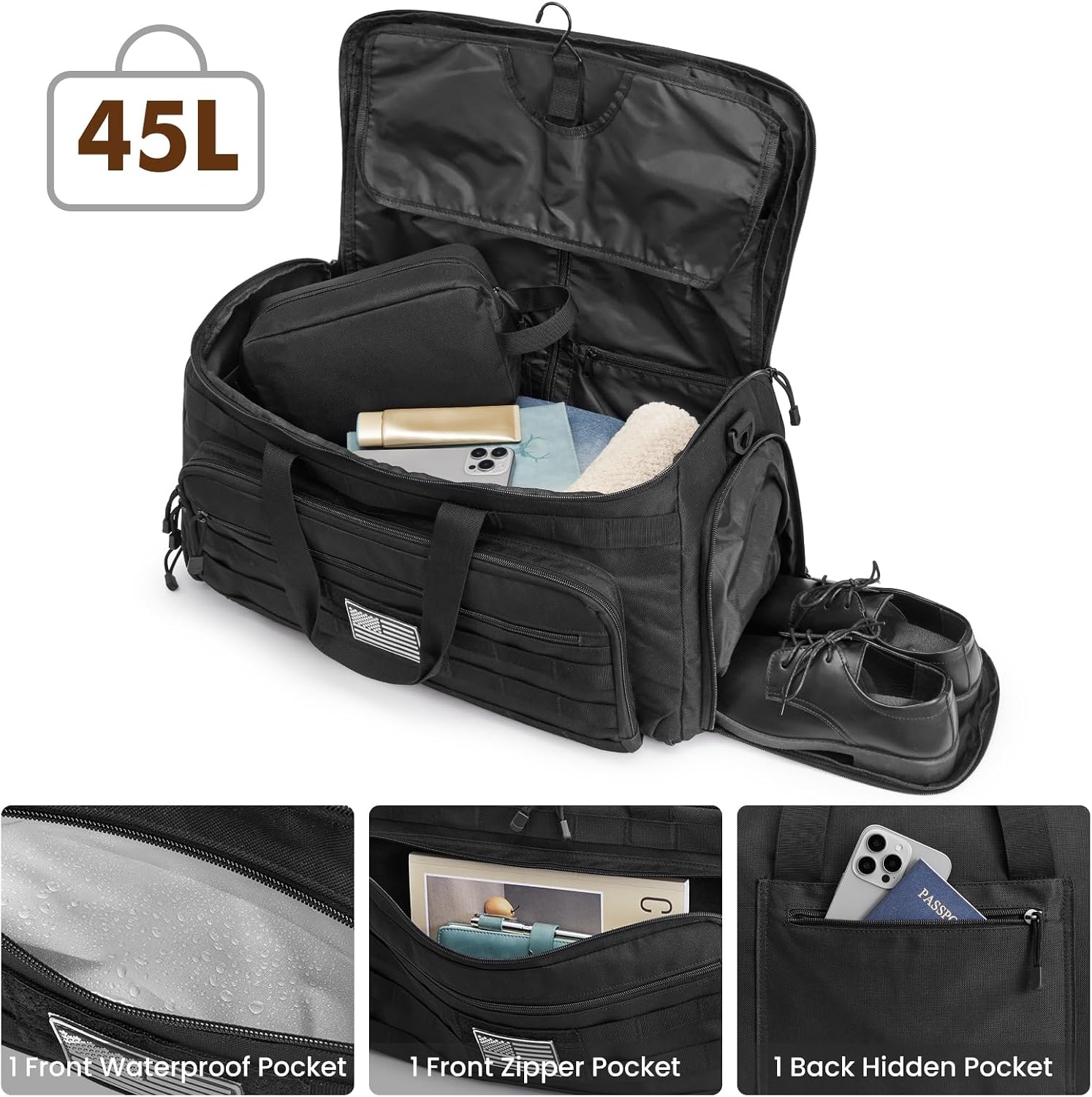 image:imageSZONE Carry On Garment Bags for Travel 45L Convertible Tactical Duffle Bag for Men Hanging Suit Shoe Compartment BlackBlack