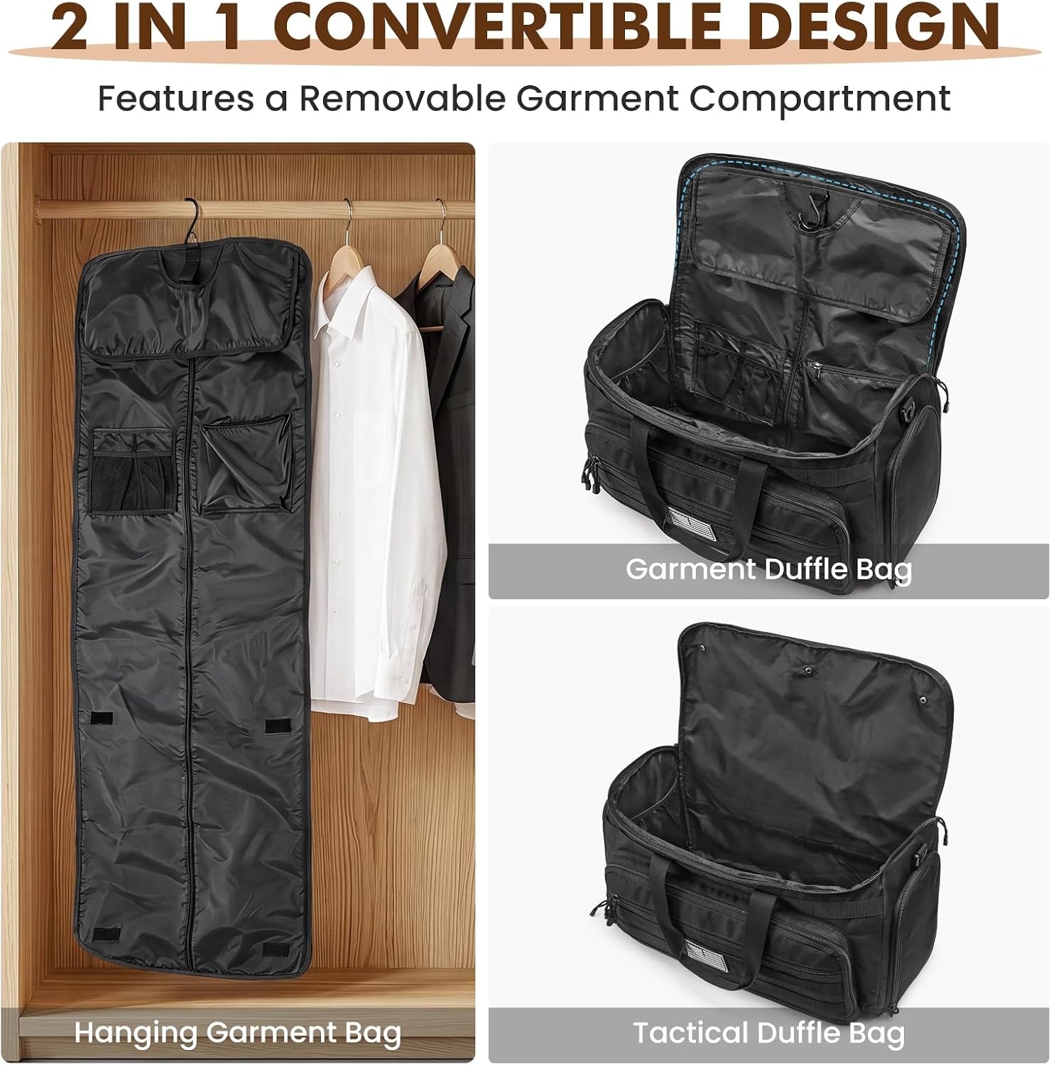image:imageSZONE Carry On Garment Bags for Travel 45L Convertible Tactical Duffle Bag for Men Hanging Suit Shoe Compartment BlackBlack