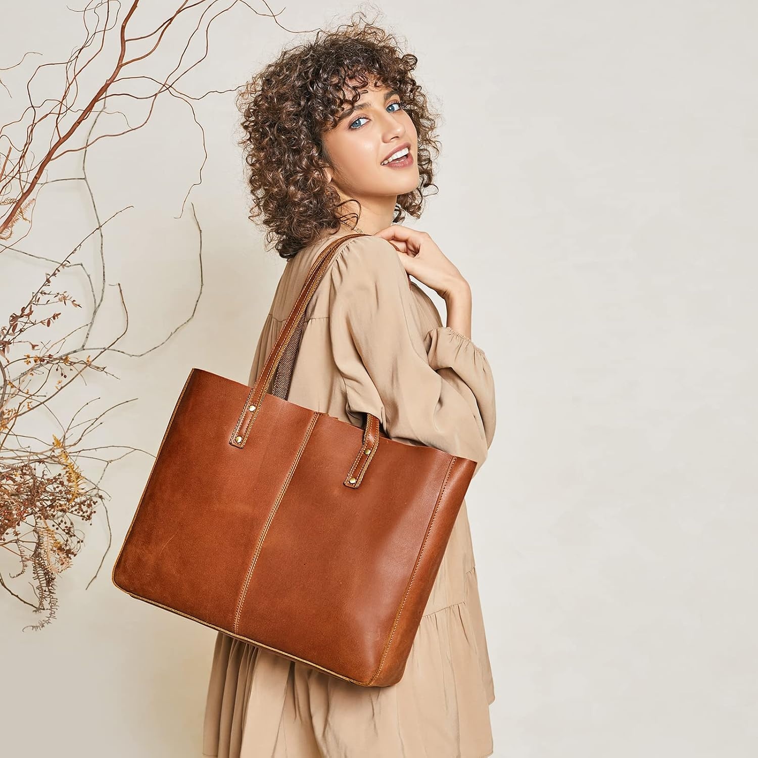 image:imageSZONE Large Genuine Leather Tote Bag for Women with Removable Pouch and Small Leather Crossbody Bag Purses