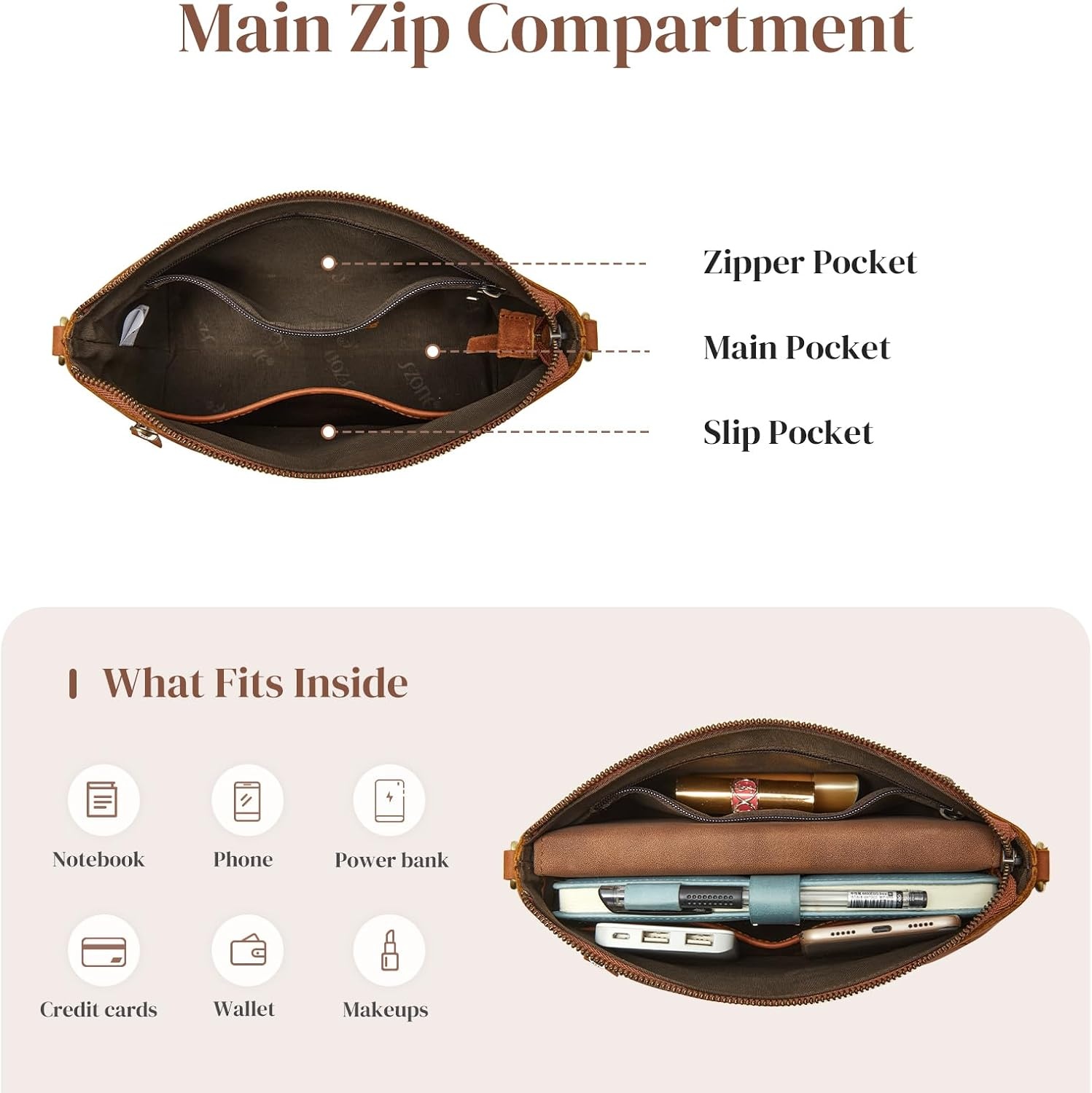 image:imageSZONE Large Genuine Leather Tote Bag for Women with Removable Pouch and Small Leather Crossbody Bag Purses