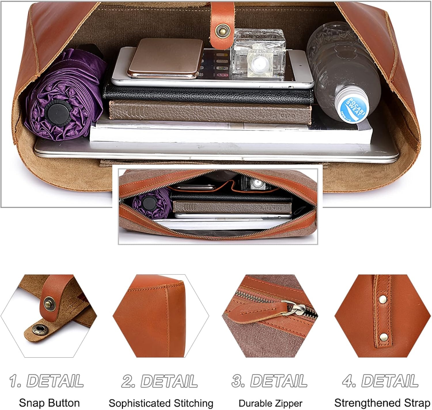 image:imageSZONE Large Genuine Leather Tote Bag for Women with Removable Pouch and Small Leather Crossbody Bag Purses
