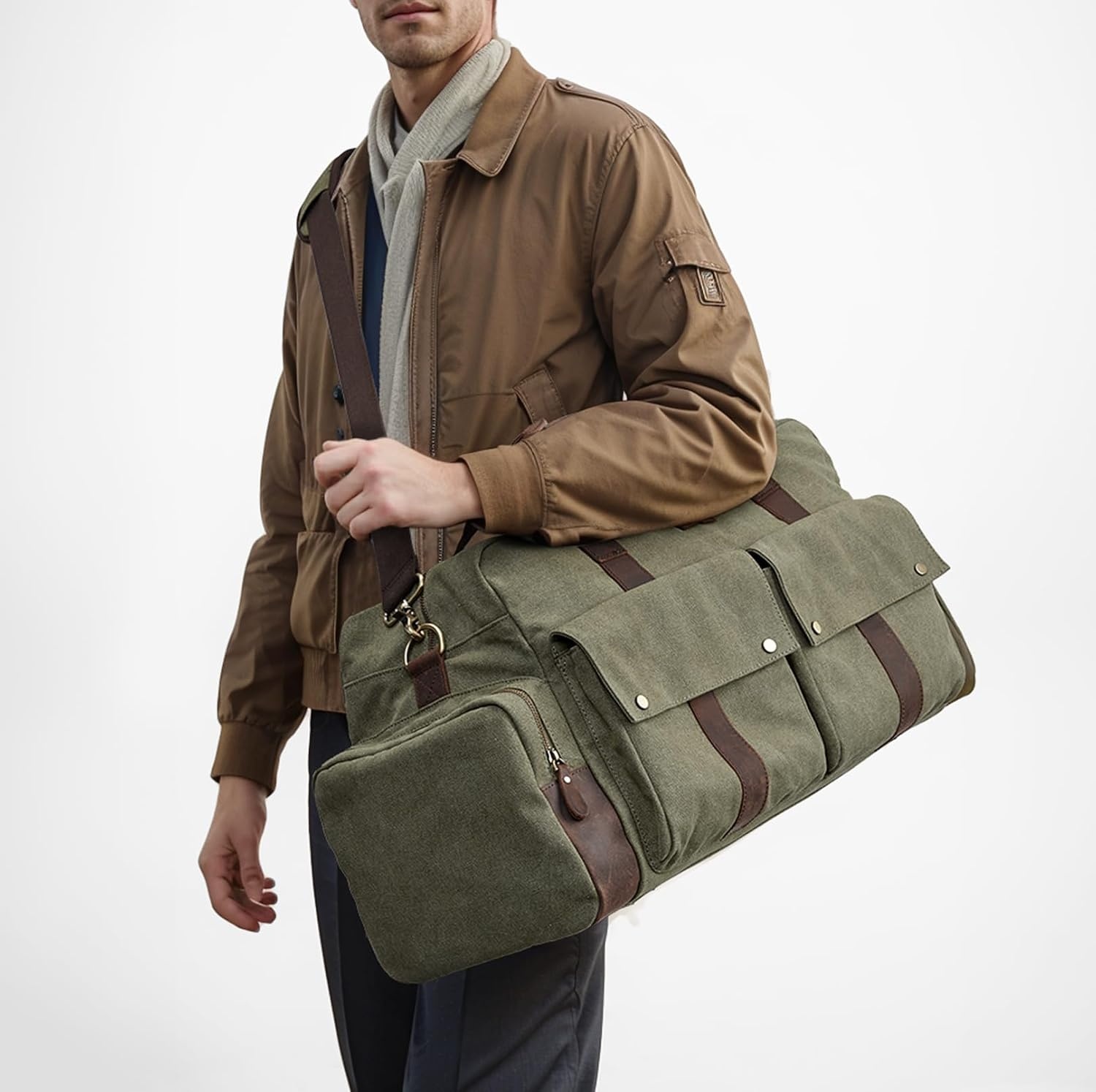 image:imageSZONE Duffle Bag for Travel Canvas Duffel Bags Carry on Leather Trim Overnight Weekender Men Women Grey