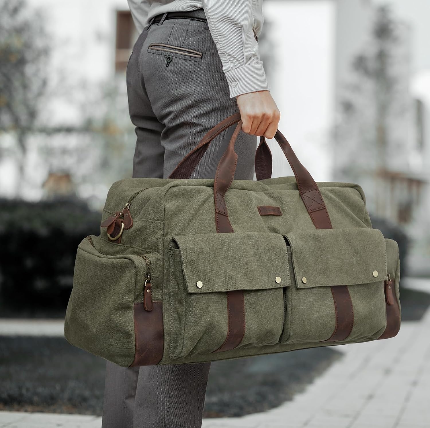 image:imageSZONE Duffle Bag for Travel Canvas Duffel Bags Carry on Leather Trim Overnight Weekender Men Women Grey