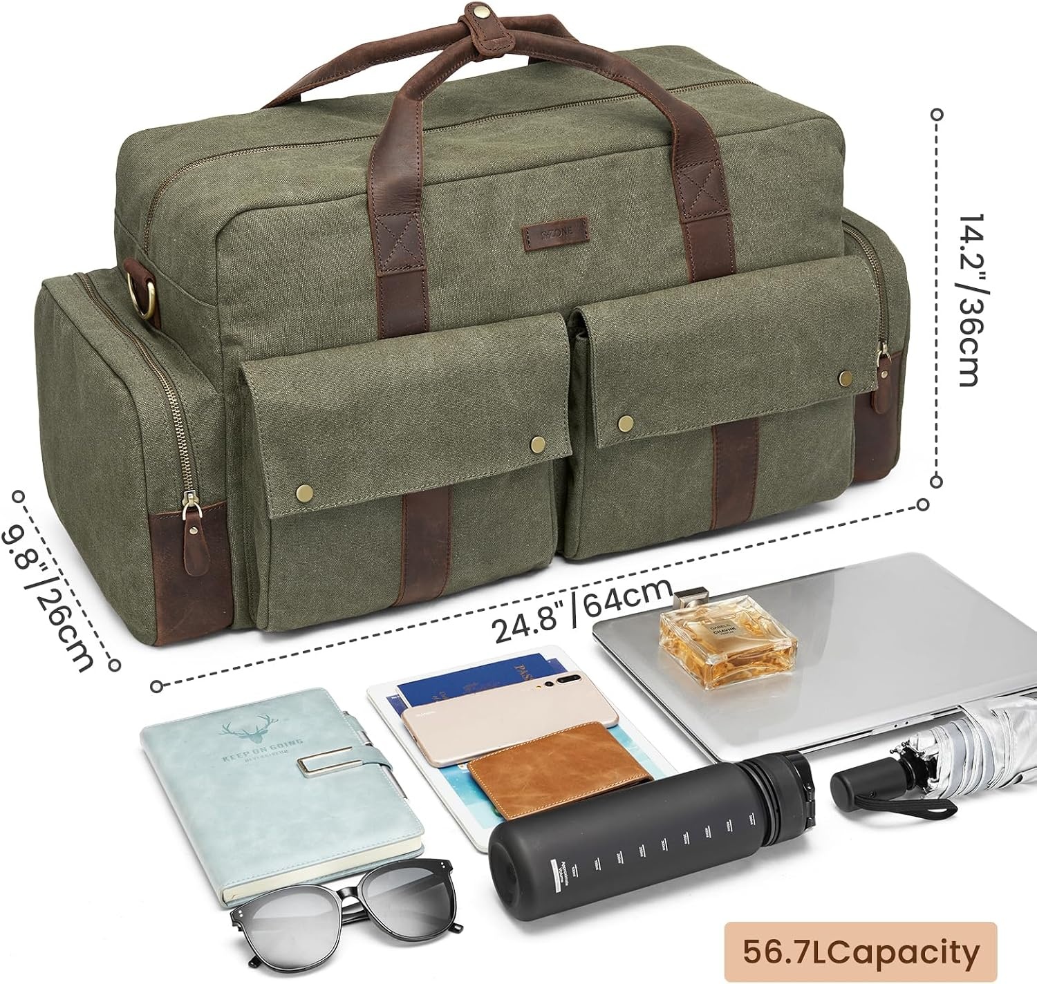 image:imageSZONE Duffle Bag for Travel Canvas Duffel Bags Carry on Leather Trim Overnight Weekender Men Women Grey
