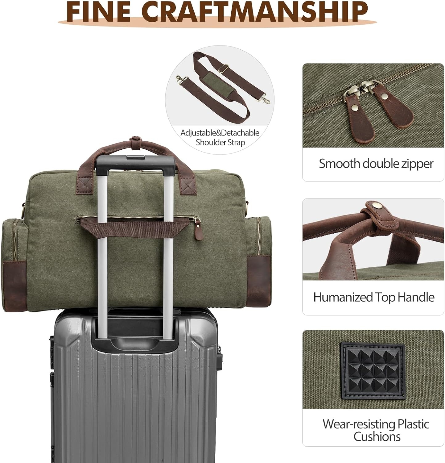 image:imageSZONE Duffle Bag for Travel Canvas Duffel Bags Carry on Leather Trim Overnight Weekender Men Women Grey