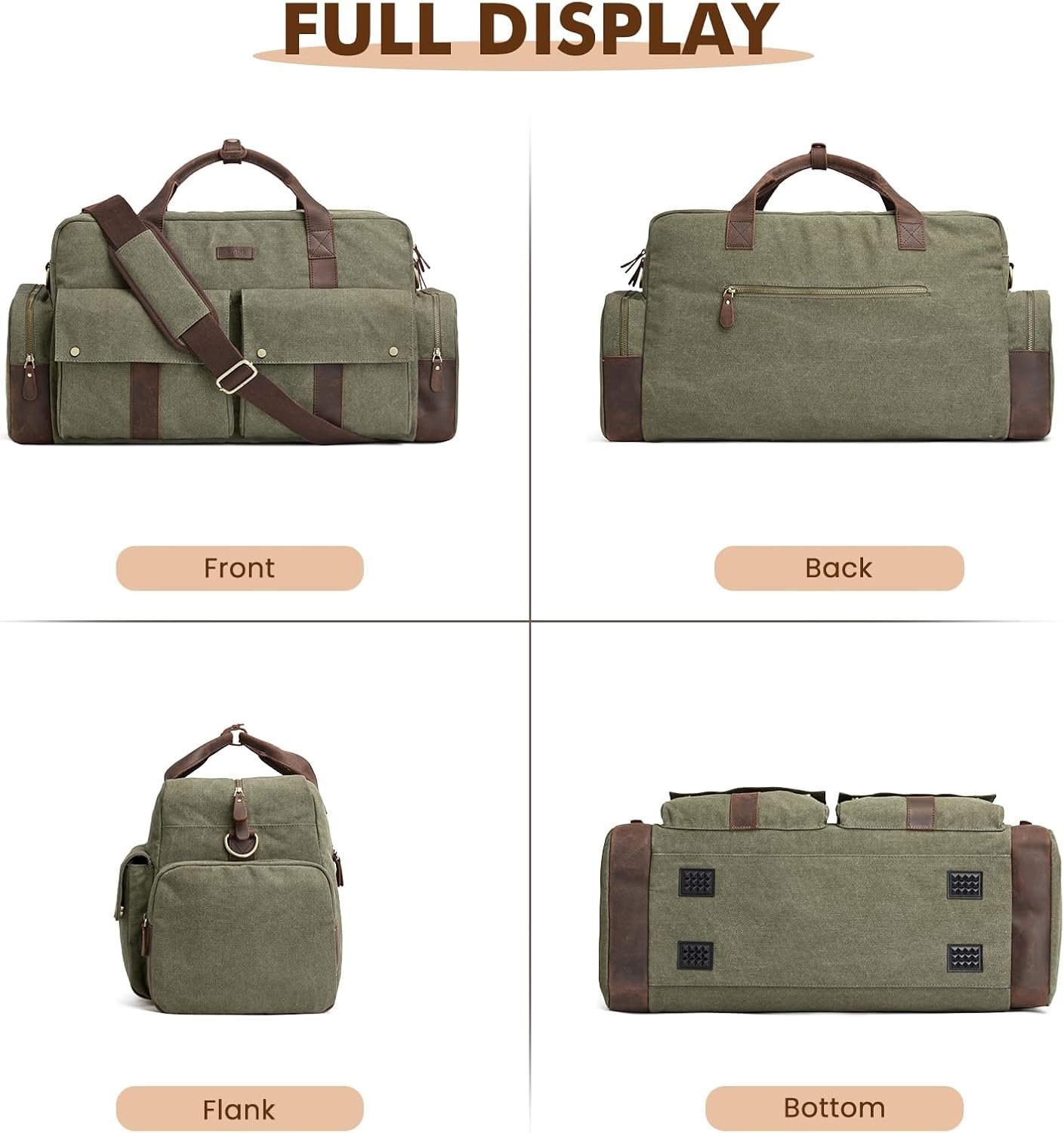 image:imageSZONE Duffle Bag for Travel Canvas Duffel Bags Carry on Leather Trim Overnight Weekender Men Women Grey