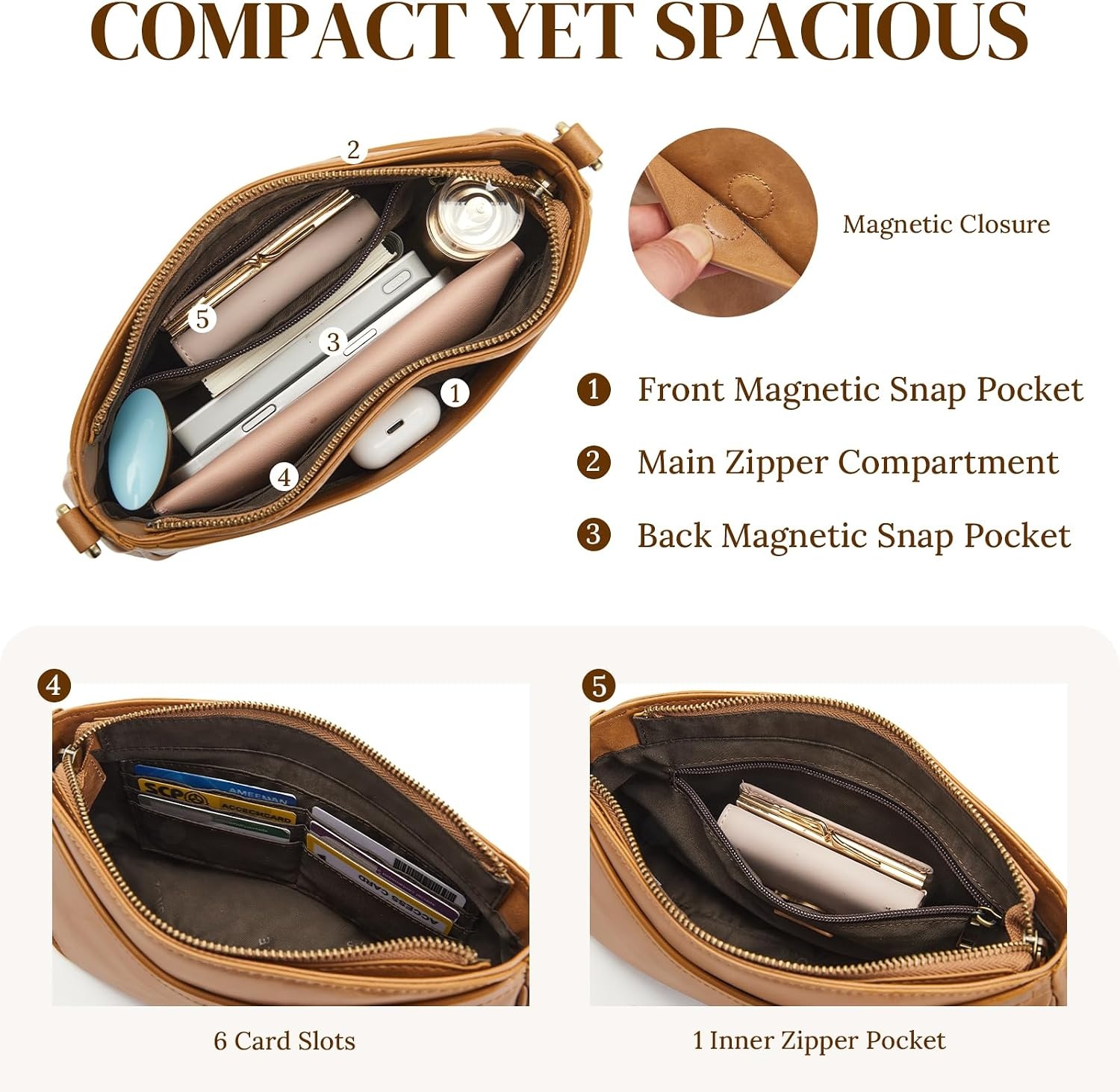 image:imageSZONE Leather Crossbody Bags for Women Small Purses Shoulder Bag TravelLight Brown