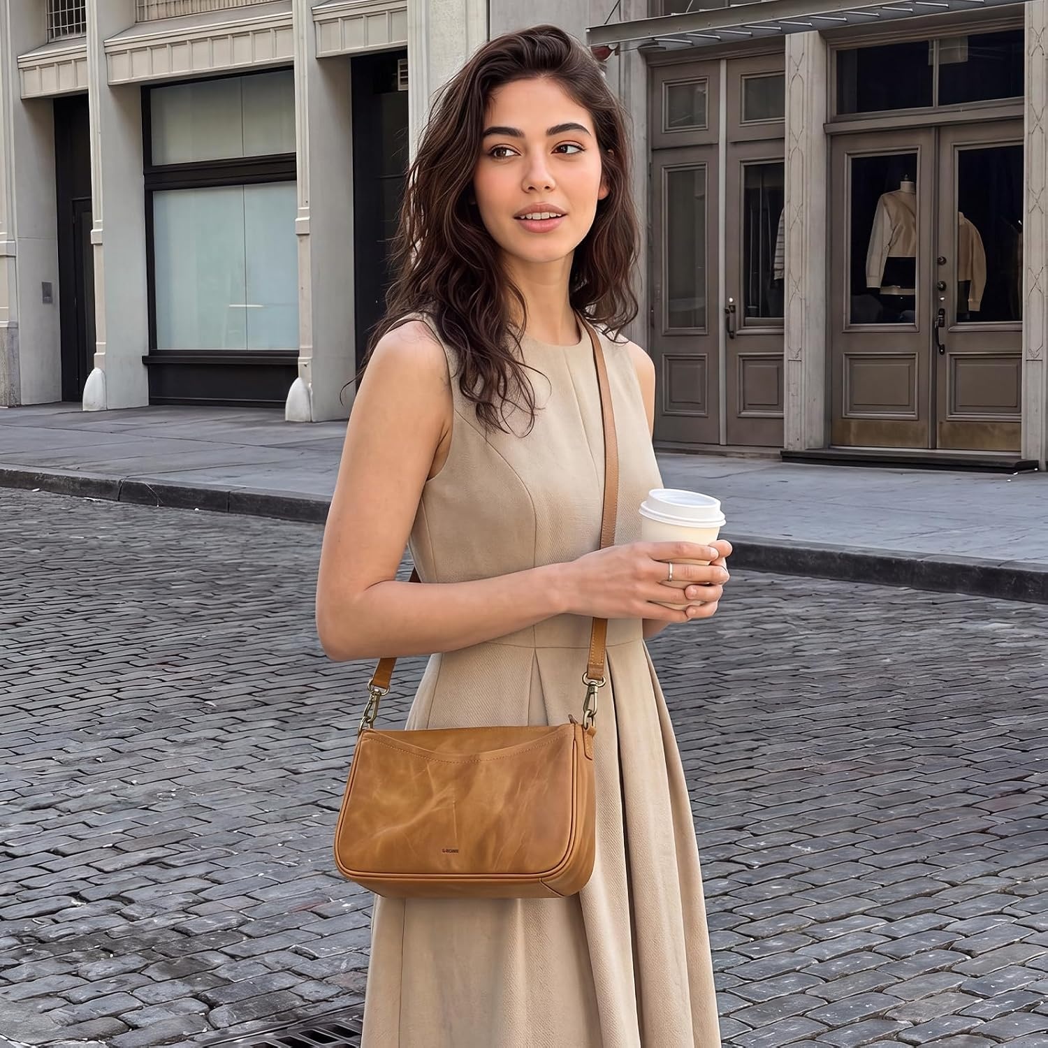 image:imageSZONE Leather Crossbody Bags for Women Small Purses Shoulder Bag TravelLight Brown