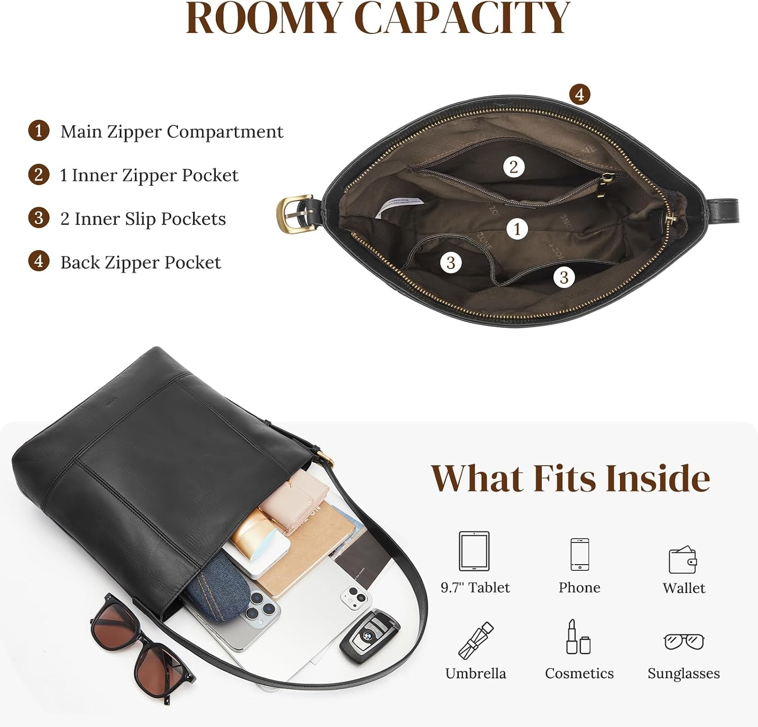 image:imageSZONE Leather Purses for Women Work Tote Hobo Bag Bucket Shoulder HandbagBlack