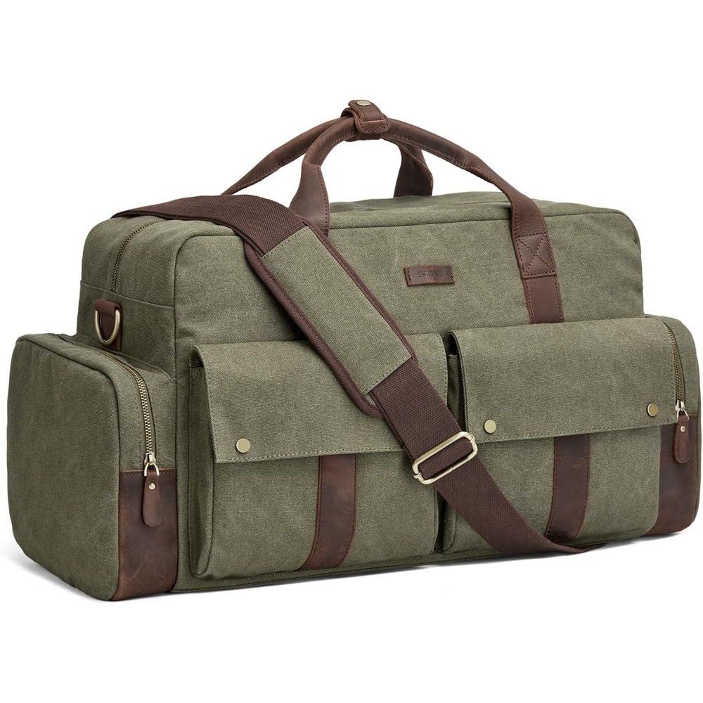 image:imageSZONE Duffle Bag for Travel Canvas Duffel Bags Carry on Leather Trim Overnight Weekender Men Women Grey