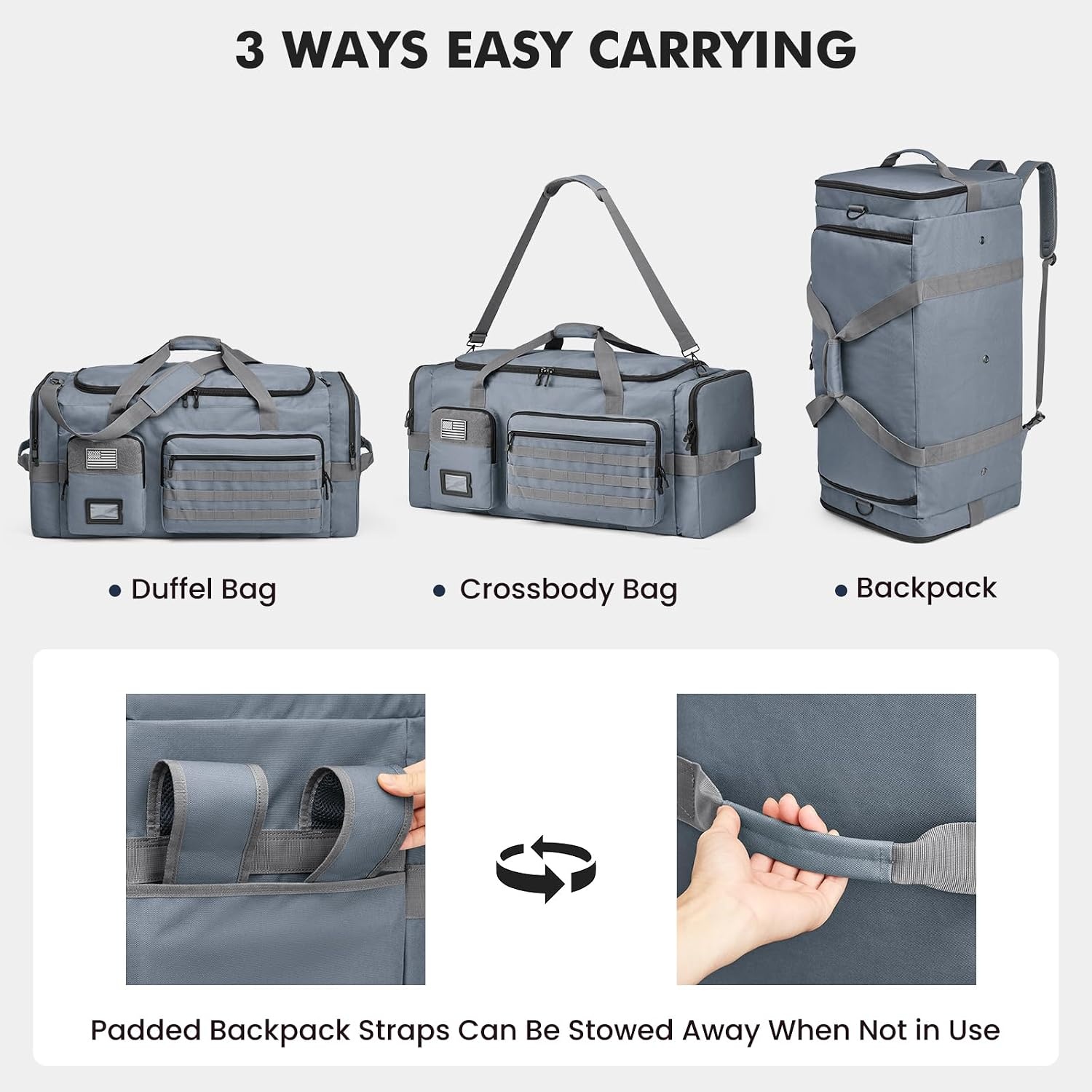 image:imageSZONE 130L Extra Large 3 in 1 Duffle Bag for Travel Gym Sport BackpackGrey