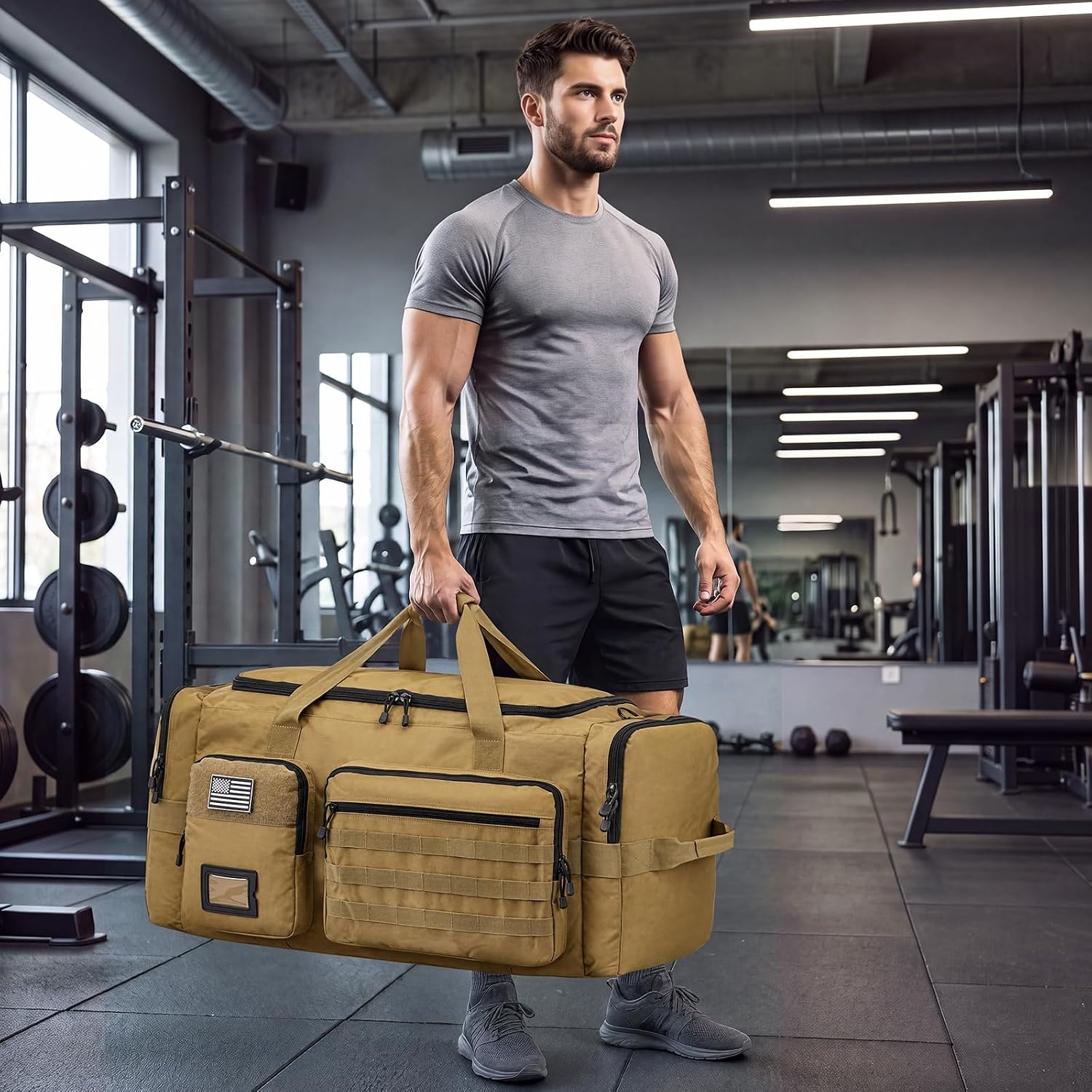 image:imageSZONE 130L Extra Large 3 in 1 Duffle Bag for Travel Gym Sport BackpackKhakiI