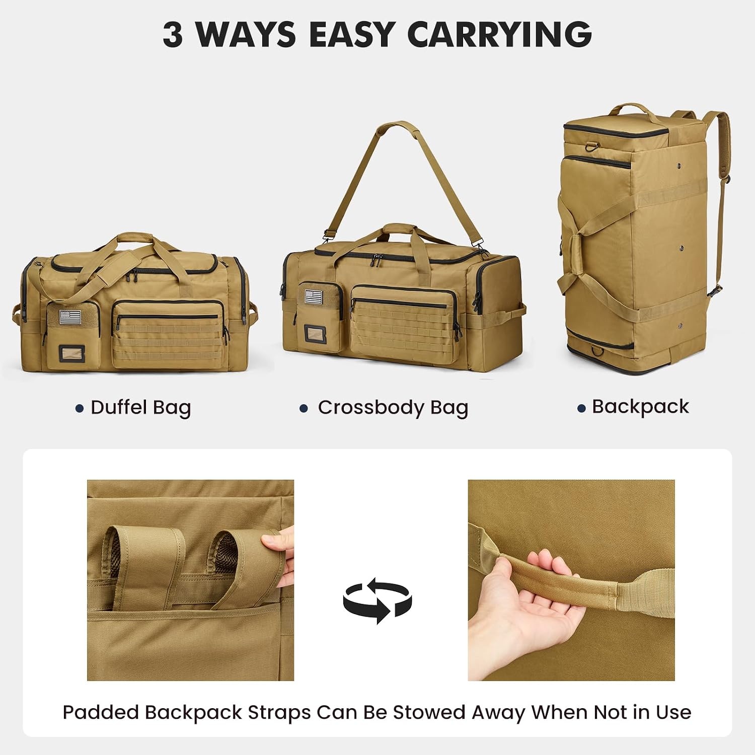 image:imageSZONE 130L Extra Large 3 in 1 Duffle Bag for Travel Gym Sport BackpackKhakiI